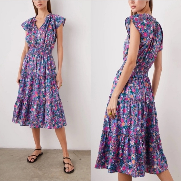 Rails Dresses & Skirts - Rails Amelia Tiered Smocked Dress Leilani Floral Flutter Short Sleeves Sz Large